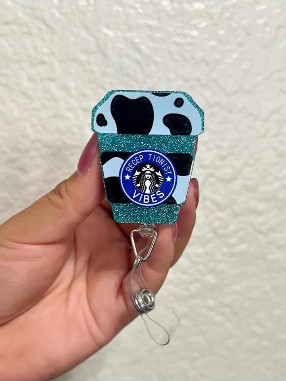 Receptionist Vibes Glitter Retractable Badge Reel